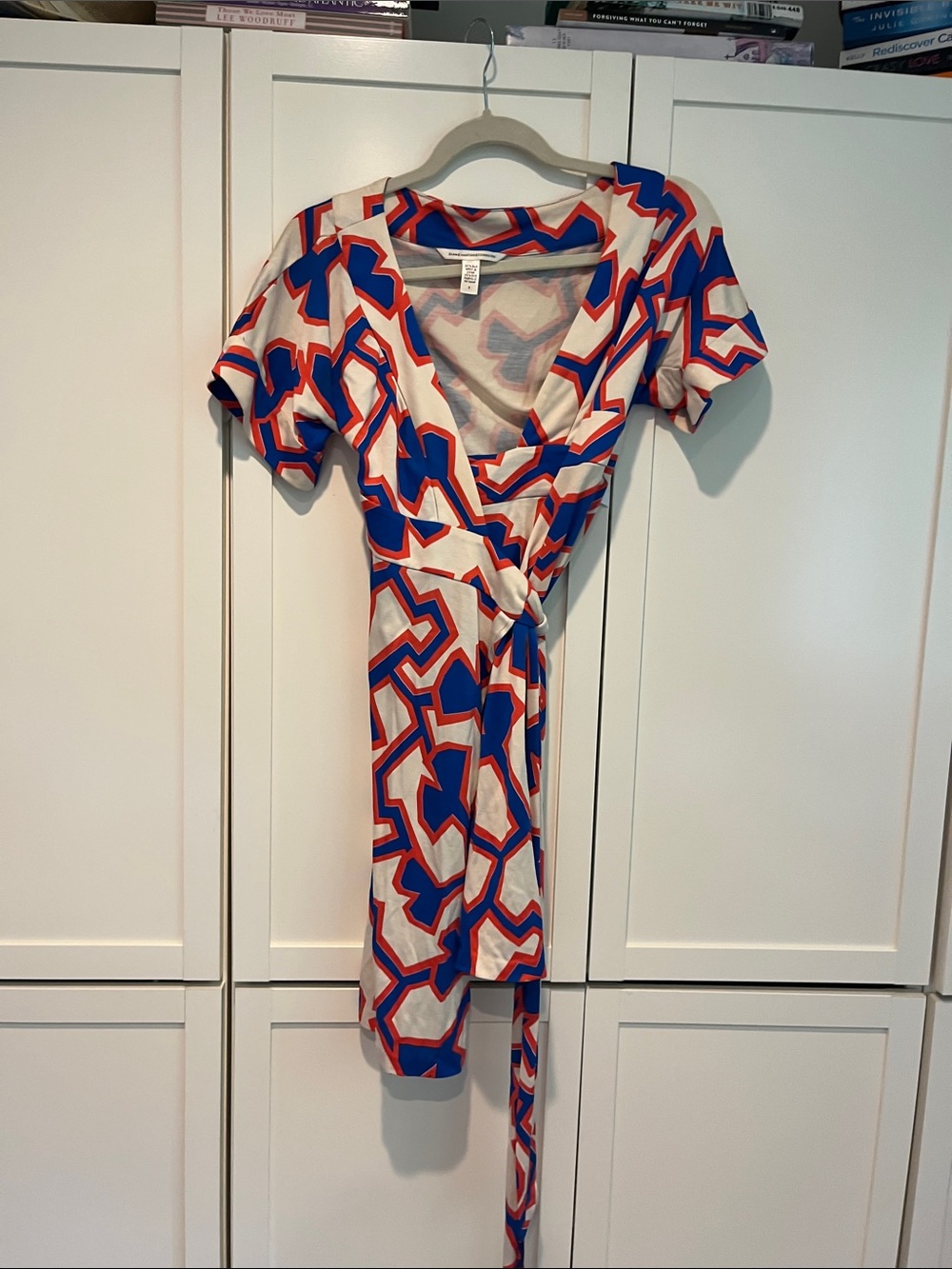 Diane Von Furstenberg Blue & Orange Geometric Wrap Midi Dress